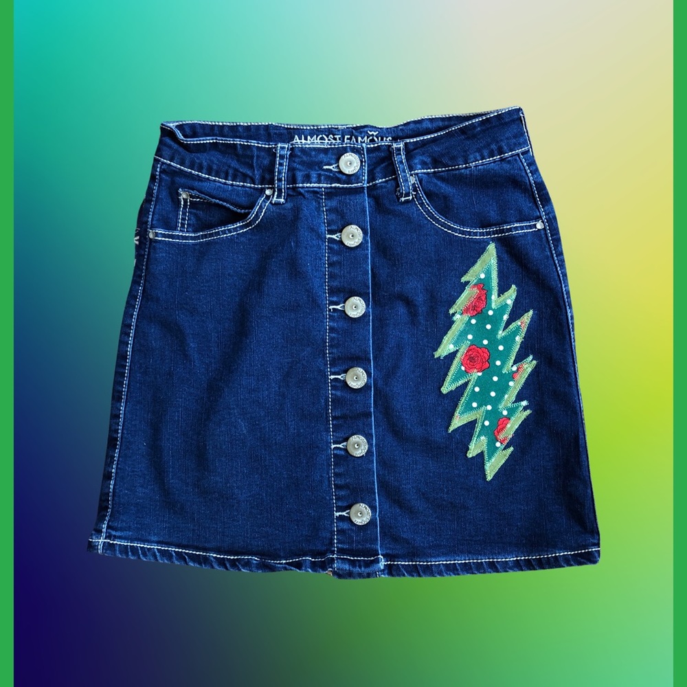 Upcycled Grateful Dead Bolt Hi Waisted Denim Skirt